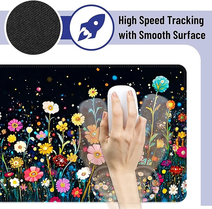 Large Mouse Pad and Keyboard Wrist Rest Desk Pad for Keyboard and Mouse 4-in-1 Large Gaming Mouse Pad with Wrist Support Desk Mat for Home Office Study GameColorful Flower Field
