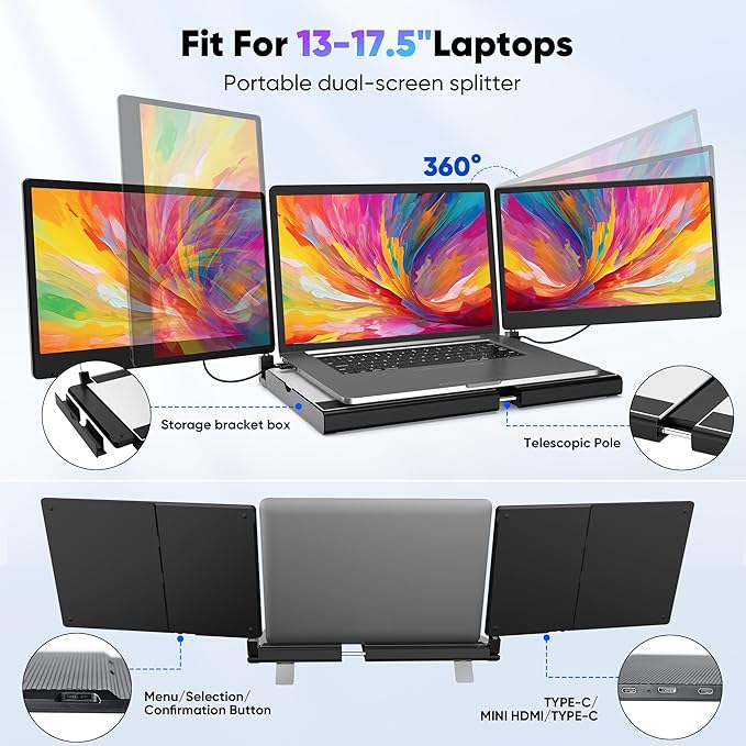 14 FHD 1080P Laptop Monitor Extender Triple Screen Portable Compatible with Mac Windows Chrome (Triple 14 Monitor)