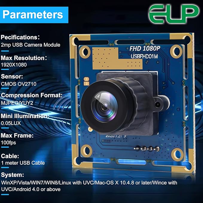ELP USB Security Camera Module - 1080P HD Wide Angle High Speed PC Camera Mini UVC USB2.0 Video Webcam Board Industrial Lightburn for Laptop Jetson Nano