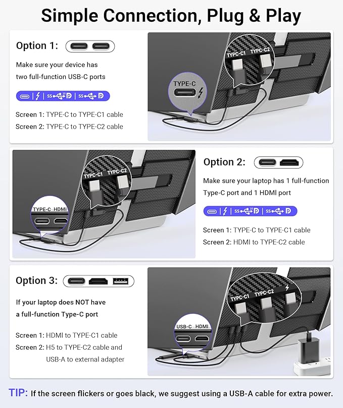14 Triple Laptop Screen Extender Ultra-Thin FHD 1080P Portable Monitor 2.2lbs Lightweight Plug &amp Play Travel Monitor for 13-17 Laptops Compatible with Windows/Mac/Android/Chrome