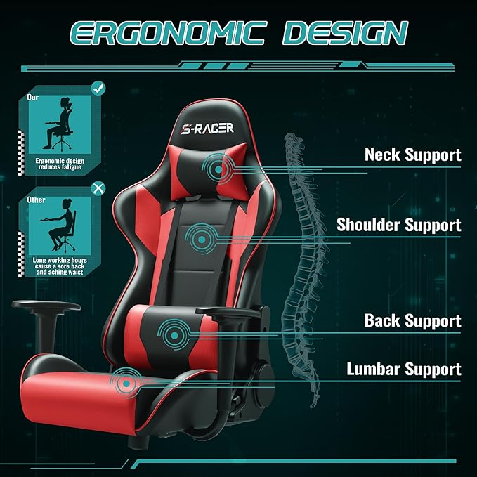 Furniwell Gaming Chair - High Back Computer Desk Chair with Headrest and Lumbar Support (Red)