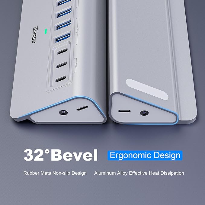 Powered USB Hub intpw 9-Port USB 3.2 Hub 10Gbps USB C Hub with USB A/USB C 3.2 4 USB 3.0 2 PD 45W Charging Port 65W Power Adapter and 3.3FT Cable Aluminum USB Hub for Laptop iPhone 17/16/15/PC