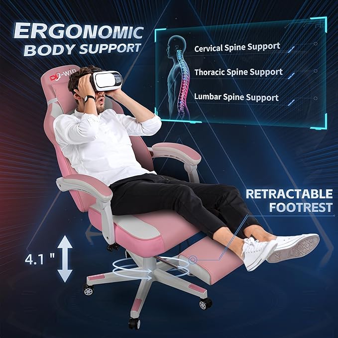 Video Gaming Chairs for Adults Gamer Chair with Footrest High Back Big and Tall Gamer Chair‘s with Massage Lumbar Support 360° Swivel Height Adjustable Computer Chaires Pink