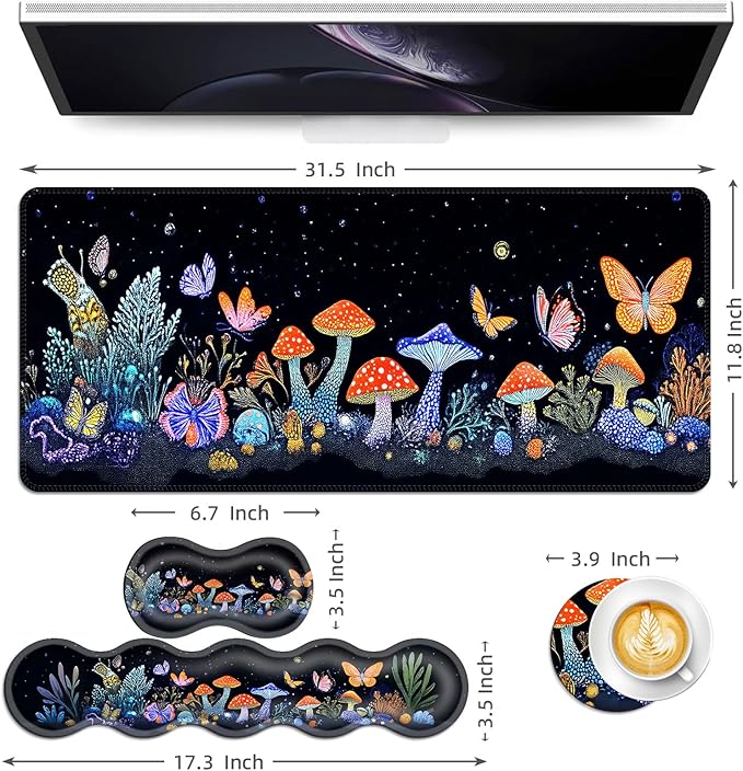Keyboard Mouse Pad Set Extended Gaming Mouse Pad+Ergonomics Keyboard Wrist Rest Support Memory Foam Easy Typing Pain Relief 4Pcs XL Ultra Thick Desk MatGlow Mushroom Butterfly
