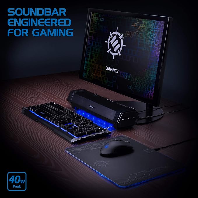 ENHANCE Gaming Attack Sound Bar PC Speaker - Under Monitor Soundbar Computer Speaker with Loud 40W Hi-Fi Audio 3 LED Color Modes and Dual Inputs for PC Laptop or Phone AUX
