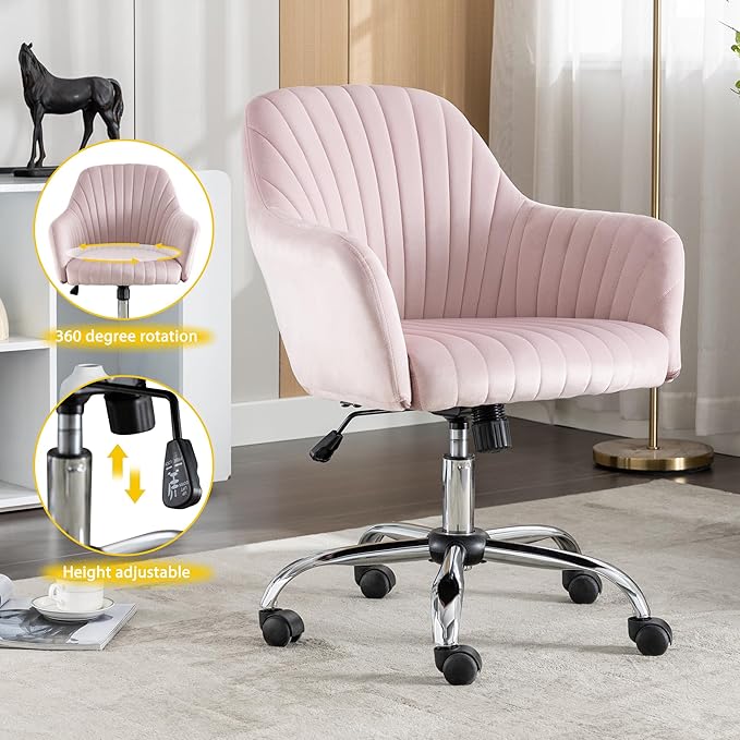 AMNOOL Office Chair Velvet Upholstered Lounge Chair Gaming Chair Makeup Chair Adjustable Height and Adjustable Casters Curved Back for Bedroom Office Study Room (Pink)