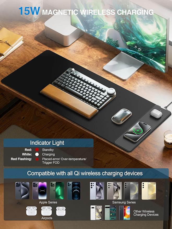 TopMade Mouse Pad with 15W Wireless Charging Waterproof Gaming Mousepad with Ultra-Smooth Surface Non-Slip Base 31.5x15.75 XXL Large Desk Pad (Includes 20W PD Power Adapter &amp 6.56ft Woven Cab