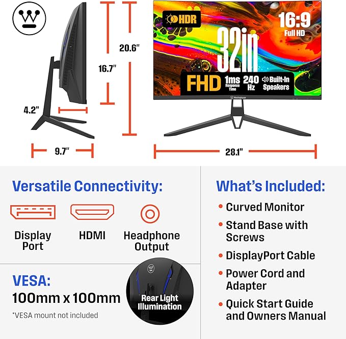 Westinghouse 32 Inch Curved Full HD Gaming Monitor 240Hz AMD FreeSync Support Low Motion Blur 1500R Curve 1920 x 1080 for PC Games with Built in Speakers DisplayPort HDMI