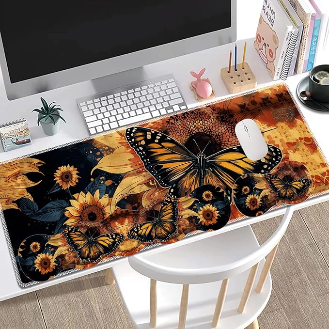 Large Gaming Mouse Pad + Keyboard Wrist Rest + Wrist Support + Coaster Set Memory Foam Ergonomic for Easy Typing XXL Extended Gaming Mouse Pad Table Pad - Sunflower and Butterfly