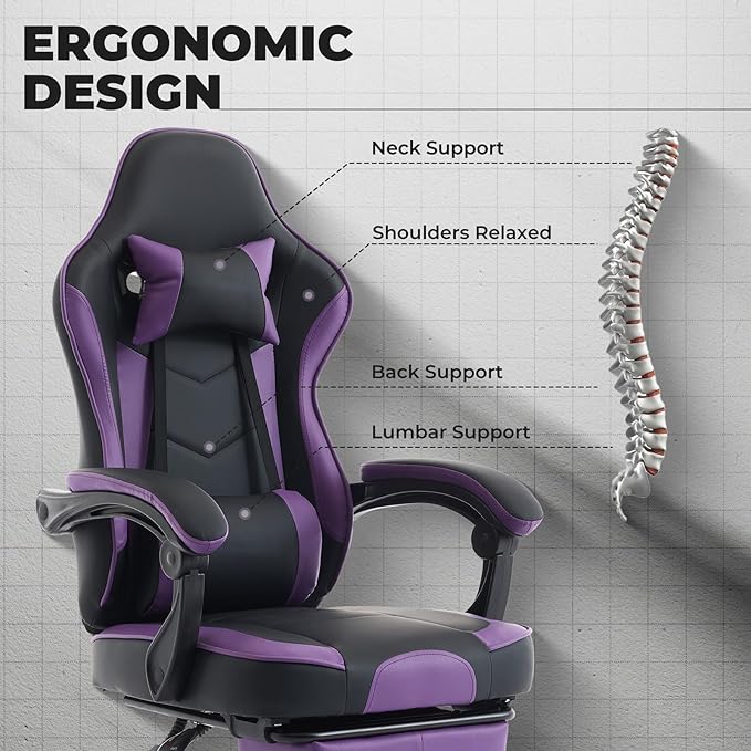 Leather Ergonomic Gaming Chair with Footrest Cute Purple Gaming Chair with Comfortable Headrest &amp Lumbar Support for Adults Women Girls Comfy 300 LBS Capacity (Black+Purple)