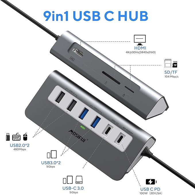 USB C Hub Multiport AdapterMosirui 9-in-1 USB-C Docking Station with 4K HDMI5Gbps Type C 3.0USB-A3.0/2.0100W PD SD/TF for MacBook/Pro iPad/Dell/HP/Desktop/Laptops(1.64 FT)
