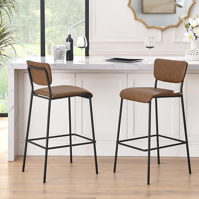 Pu Faux Leather Bar Stools Set of 2 Pub Barstools with Back and Footrest Brown (18.25 x20“x38.5”