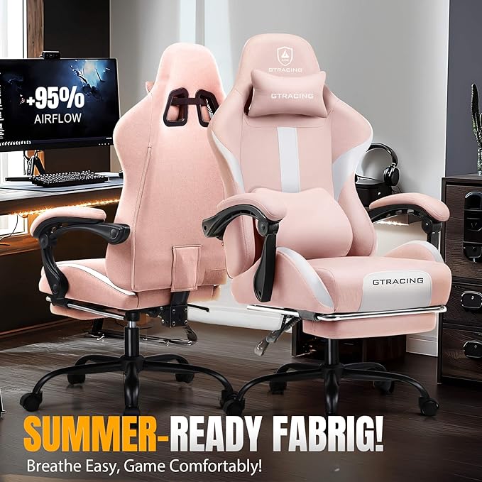 GTPLAYER Gaming Chair with Foot Rest &amp Pocket Spring Cushion Breathable Fabric for Home Office Desk Ergonomic High Back Computer Chair with Headrest &amp Lumbar Support Pink