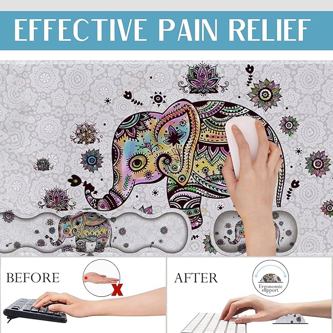 4 in 1 Mouse Pad Combo Large Gaming Mouse Pad + Keyboard Wrist Support + Mouse Wrist Rest + Coaster Table Pad with Stitched Edge Ergonomic Wrist Pad Set Cute Colorful Floral Baby Elephant