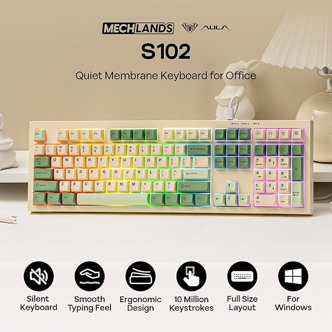 MechLands Aula S102 Membrane Gaming Keyboard with Number Pad 100% Full Size Layout USB-C Wired RGB Backlit Creamy Silicone Structure Silent Keyboard for PC Game/Office (Yellow)