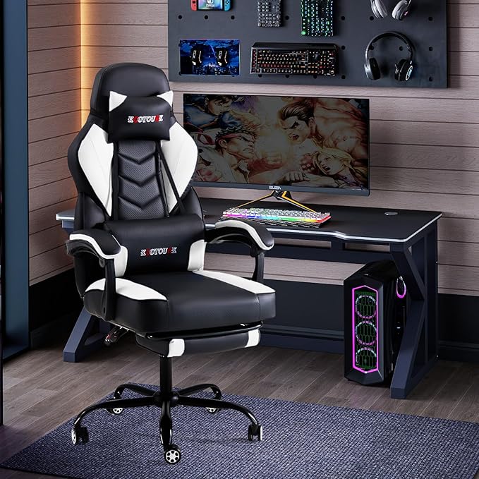 ECOTOUGE Gaming Chair with Footrest Big and Tall Silla Gamer with Massage Lumbar Support Ergonomic Gamer Chair with Reclining High Back 360° Swivel Gaming Computer Chair White