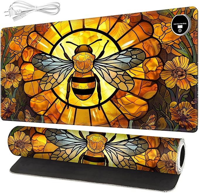 Warm Desk PadHeated Desk Pad Mouse Mat Gamingwith 3 Heating Levels &amp 3 Hours Auto Shut-OffLeather 31.5 x 13 Foot Warmer Keyboard Office MatCute Bee Floral