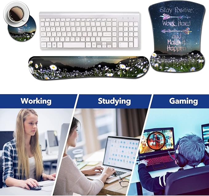 Ergonomic Mouse Pad Wrist SupportStarry Sky Mouse Pads with Non-Slip PU Base for Home Office Working StudyingMemory Foam Keyboard Wrist Rest Easy TypingStay Positive Work Hard Inspirational Quotes