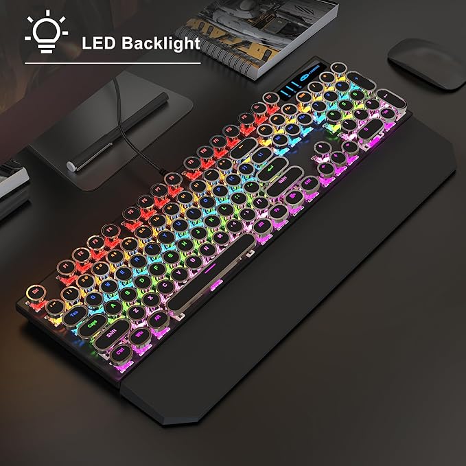 MageGee Typewriter Mechanical Gaming Keyboard Retro Black Punk Round Keycaps RGB Rainbow Backlit Wired Keyboards for Laptop MAC PC Gamer with Magnetic Wrist Rest - Blue Switch