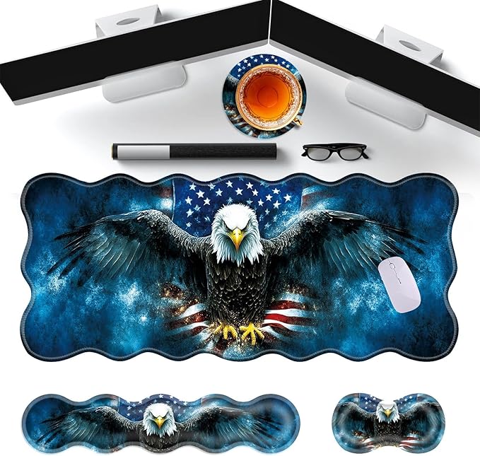 Large Gaming Mouse Pad Keyboard Wrist Rest Pad &amp Wrist Support Mousepad Set Stitched Edge Extended Non-Slip Base Memory Foam Desk Mat for Office HomeAmerican Flag Bald Eagle