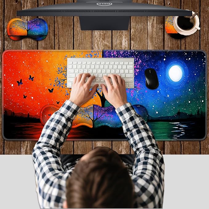 Ergonomic Keyboard Wrist Rest &amp Mouse Pad Wrist Rest SetXL Gaming Desk Mat 31.5x 11.8Non-Slip BaseMemory FoamEasy Typing Pain Relief for Office &amp HomeButterfly Tree