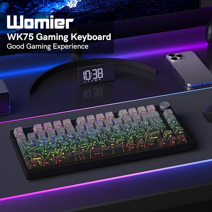 COSTOM WK75 75% Wireless Gaming Mechanical KeyboardBT5.0/2.4GHz/USB-C Hot Swappable Pre-lubed Custom Linear SwitchesGasket StructureRGB Backlit Keyboard for PC/Laptop/Xbox/PS4/PS5 (Topographic)