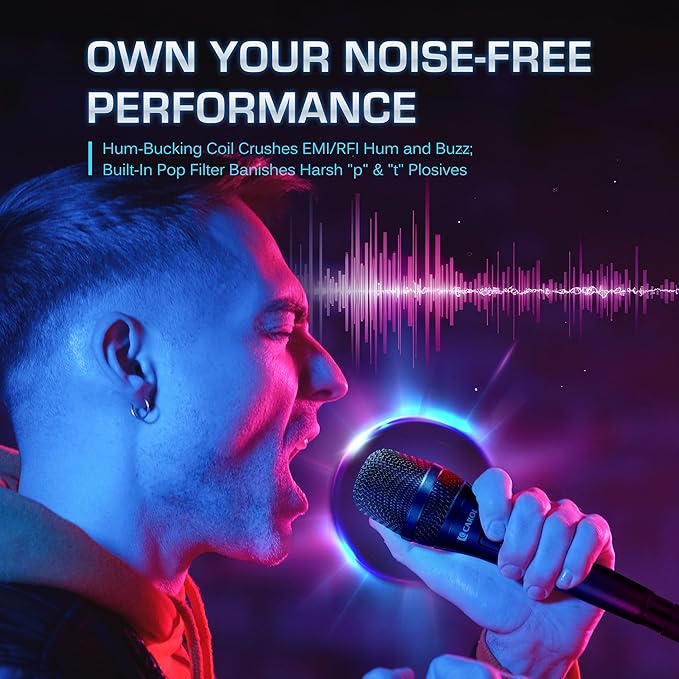 CAROL AC-910S XLR Wired Vocal Microphone – Dynamic Cardioid Mic with AHNC Dual-Engine Noise Cancelling Tech for Singing Karaoke Stage &amp Studio Includes Mic Clip 14.8ft XLR Cable &amp On/Off S