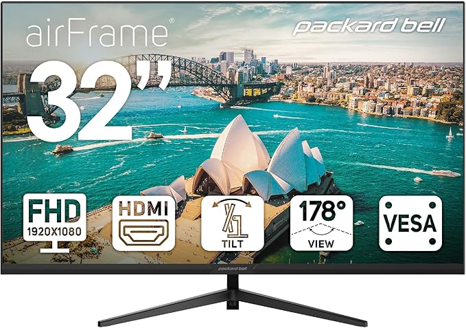 Packard Bell airFrame 32 FHD Monitor 1920x1080 Ultrawide VESA Mount Compatible Tilt Adjustment HDMI/VGA Slim Bezel for Home Office and Light Gaming