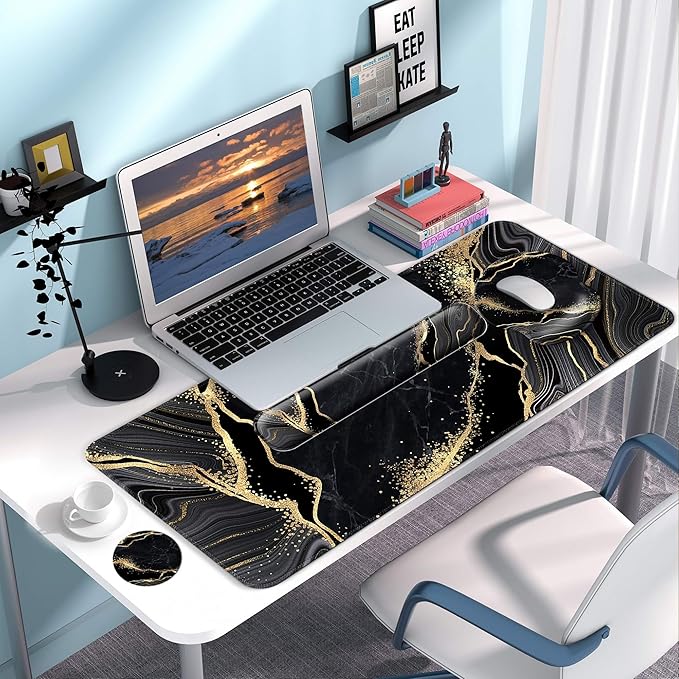 Desk Mat Set + Keyboard and Mouse Pad with Wrist Rest Support4-in-1 Large Mousepad Computer Mats for Desktop Home &amp Office-Marble 3