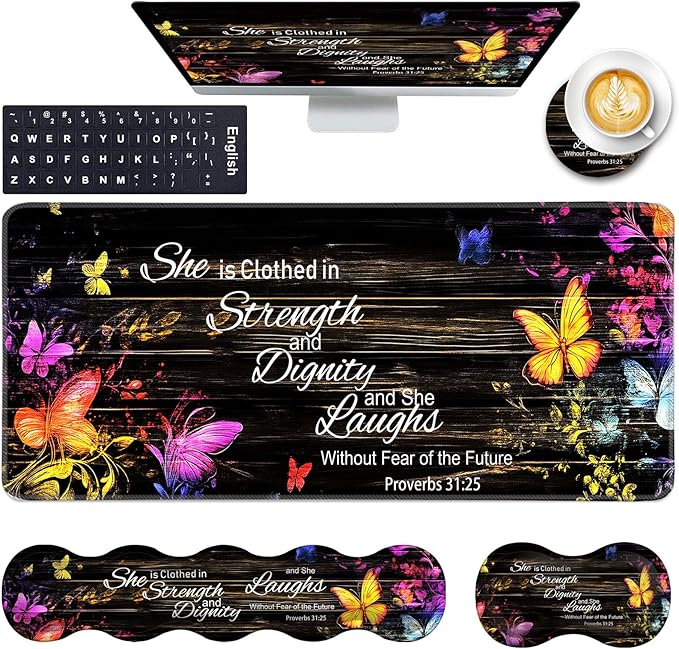 Keyboard Wrist Rest and Mouse Pad with Wrist Support Set Ergonomic CoasterMemory FoamEasy Typing Pain ReliefLarge XL Desk Mat 31.5x 11.8Floral Butterfly Bible Verse Proverbs 31-25
