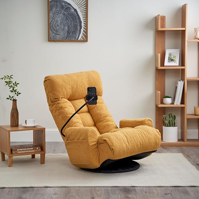 360° Swivel Floor Gaming Chair with 5 Position Adjustable Folding Gaming Sofas with Phone Holder &amp Pockets Cushion Padded Chaise Lounge Chair for Adults Home Office Floor Leisure Chairs Yellow