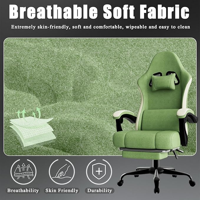 Gaming Chair High Back Fabric Computer Chair with Pocketed Spring Cushion and Footrest Height Adjustable Game Chair with Headrest and Lumbar Support
