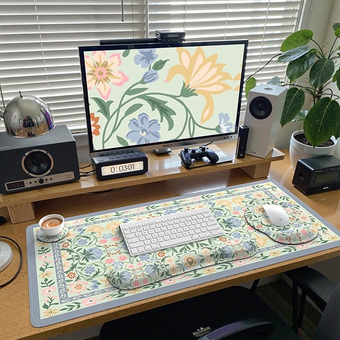 iCasso Desk Cover Mat Gaming Mouse Pad Wrist Support Set4in1 XXL Large Mousepad + Keyboard Wrist Rest+Mouse Wrist Rest+Coaster Set with Ergonomic Design for Home Office Table Computer(Green Flowers)