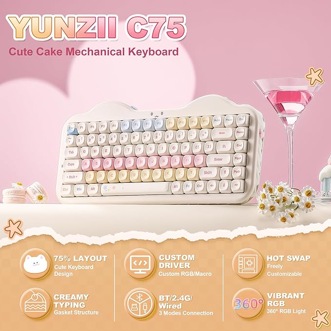 YUNZII C75 Wireless Mechanical Keyboard75% Layout Hot-Swappable NKROBT5.0/2.4G/USB-C ModeDye-Sub PBT MOA KeycapsRGB Gasket MountCute Cake Design for Mac/Win/Gaming (Beige Milk V2 Switch)