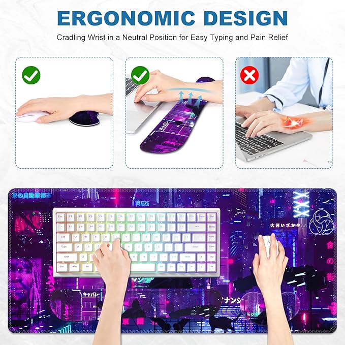 Anime Neon Large Mouse Pad and Keyboard Wrist RestPurple Extended Mouse Pad with Wrist Support Ergonomic Non-Slip Desk Mat Desk Protector Blotter for Home Office Warrior Cat