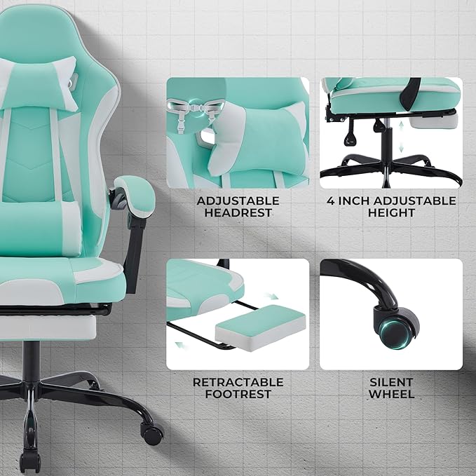 extrasleep Video Game Chairs Ergonomic Gaming Chair with Footrest Computer Chair Gaming with Massage Lumbar Support Reclining Office Chair with Height Adjustable Swivel Chairs 300lb Max Green