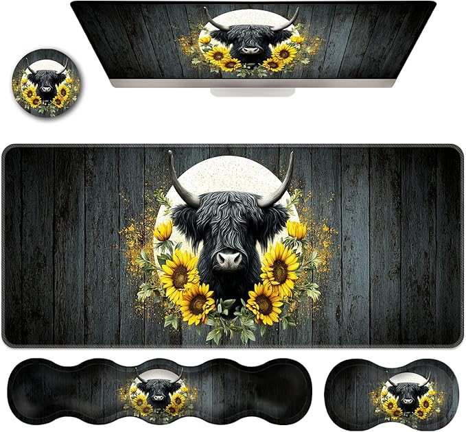 Ergonomic Keyboard Wrist Rest &amp Mouse Pad Wrist Rest SetXL Gaming Desk Mat 31.5x 11.8Non-Slip BaseMemory FoamEasy Typing Pain Relief for Office &amp HomeHighland Cow Sunflowers