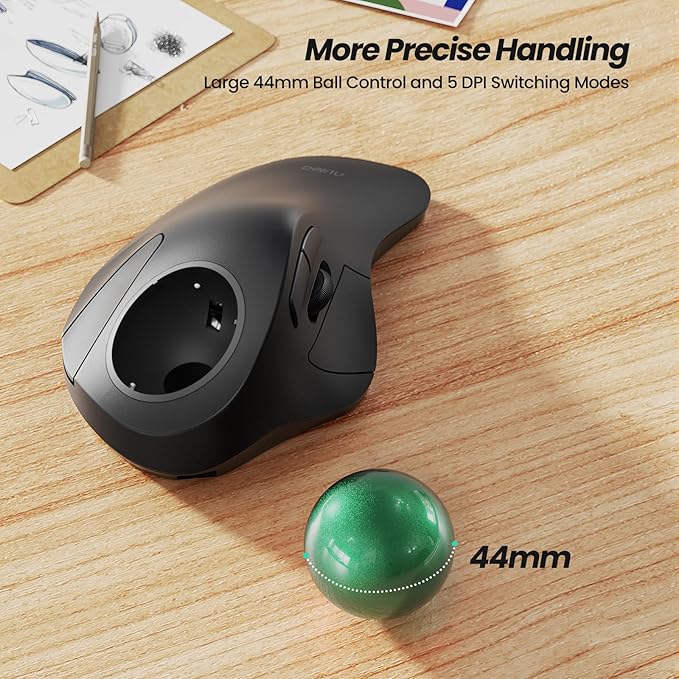 Nulea Wireless Ergonomic Trackball Mouse Rechargeable Bluetooth Rollerball Mouse 44mm Index Finger Trackball 5 Adjustable DPI Compatible with PC Laptop iPad Mac Windows Android