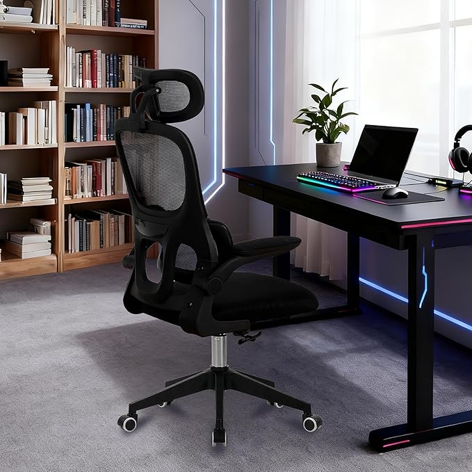 High Back Ergonomic Office Chair - Big and Tall Mesh Desk Chair with 3D Adjustable Headrest &amp Lumbar Support Swivel Computer Task Chair for Home Office Wide Seat 300lbs Capacity (Black Model F