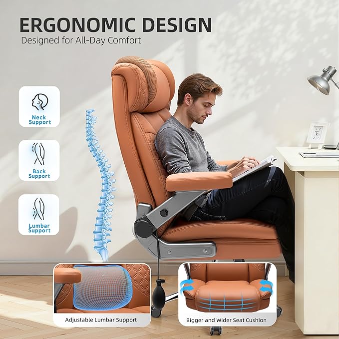 Office Chair 5D Flip Arm Ergonomic Desk Chair with Adjustable Lumbar Support for Back Pain Extra Wide 500LBS Comfy Big and Tall Office Chair Executive Leather Computer Game Chair for Heavy People