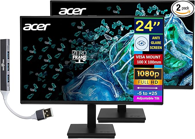 acer Vero V7 V247 Gbmipx 24 FHD IPS Monitor with 4ms Response Time Anti Glare VESA Mount (100mm) HDMI VGA &amp Dockztorm USB Port Expander Black Color (UM.QV7AA.G05) 2 Pack