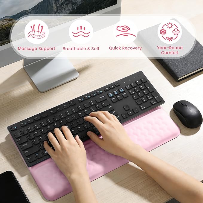 Keyboard Wrist Rest with Ergonomic Height - Computer Keyboard Stand &amp Soft Cushioned Pad for Wrist Pain Relief - Non-Slip Typing Support for Office Gaming &amp Home (Pink)