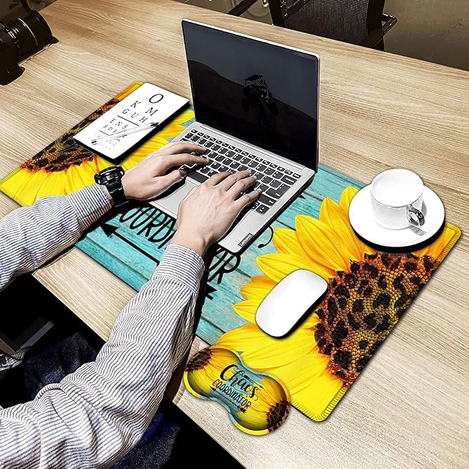 Large Gaming Mouse Pad 31.5x11.8in Extended Computer Mouse Mat with Non-Slip PU BaseErgonomic Memory Foam Keyboard Wrist Restfor Work GamingSunflower Chaos Coordinator Blue Office Desk Pad