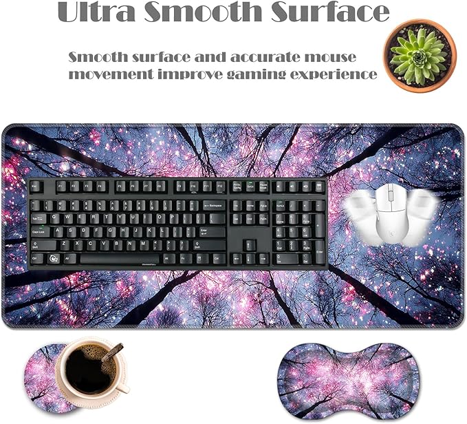 Ergonomic Keyboard Wrist Rest &amp Mouse Pad Wrist Rest SetXL Gaming Desk Mat 31.5x 11.8Non-Slip BaseMemory FoamEasy Typing Pain Relief for Office &amp HomeStarry Night Tree Branches