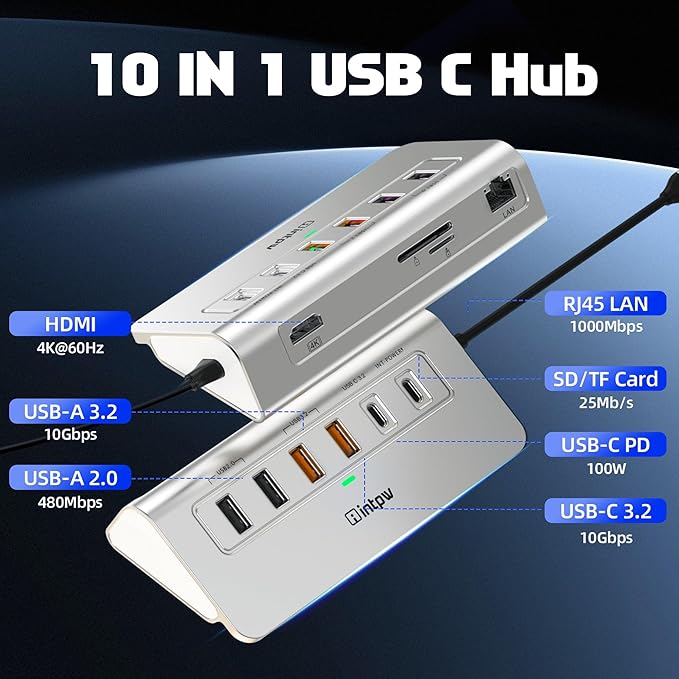 P9R PRO USB C Hub Ethernet 10Gbps USB C Docking Station 10-in-1 with Type-C &amp 2 Type-A 3.2 Data LAN 4K@60Hz 2 USB A 2.0 PD 100W SD/TF Ports 3.28FT Powered USB Hub for PC iPhone 17 Mac
