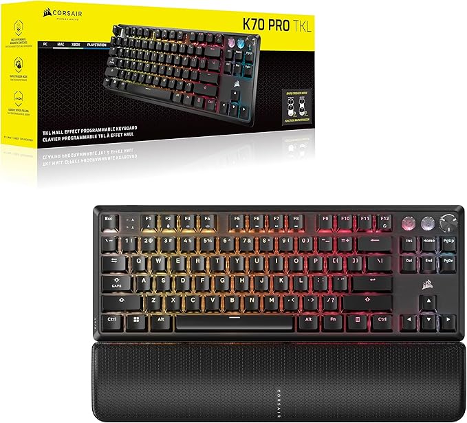 Corsair K70 PRO TKL RGB Tenkeyless Mechanical Wired Gaming Keyboard – Pre-Lubed Hall Effect MGX Hyperdrive Adjustable Switches Simultaneous SOCD and Rapid Trigger ABS Double-Shot QWERTY NA – Black