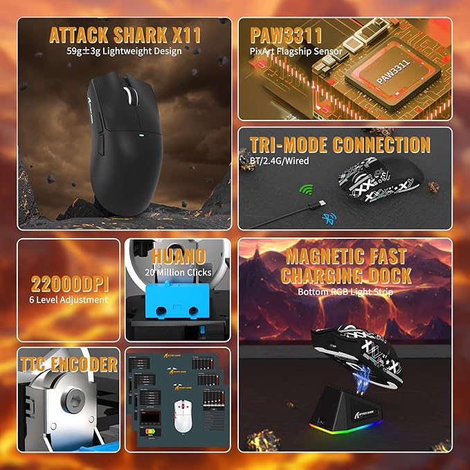 ATTACK SHARK X11&ampX60HE Mechanical Wireless Gaming ComboRapid Trigger Magnetic Switches 8K Keyboard59g Ultra-Light Mouse with Charging Dock 22K DPIPAW3311RGB Backlit 3-Mode with Coiled Cable-B