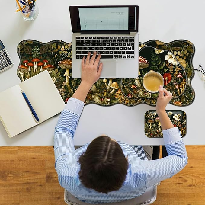 3-Piece Ergonomic Desk Mat &amp Cloud Wrist Rest Set Large 31.5 x 11.8 Wave Office Desk Pad with Memory Foam Support Non-Slip Computer Protector for Home Gaming &amp Writing Mushroom Flower