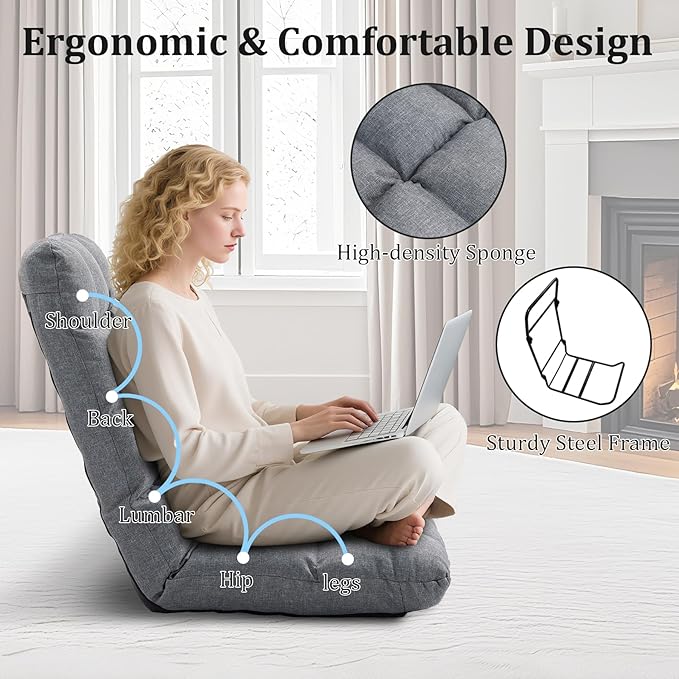Folding Floor Gaming Chair with Back Support 14-Position Adjustable Recliner - Padded Cushion with Breathable Linen &amp Cotton Blend for Adults &amp Kids Perfect for Gaming Reading &amp Meditat