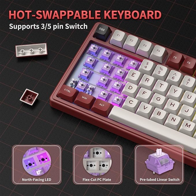 RK ROYAL KLUDGE R75 Mechanical Keyboard Wired with Volume Knob 75% Keyboard Gasket Mounted RGB Backlit Creamy Keyboard with MDA Profile PBT Keycaps Hot Swappable Pre-lubed Linear Switch